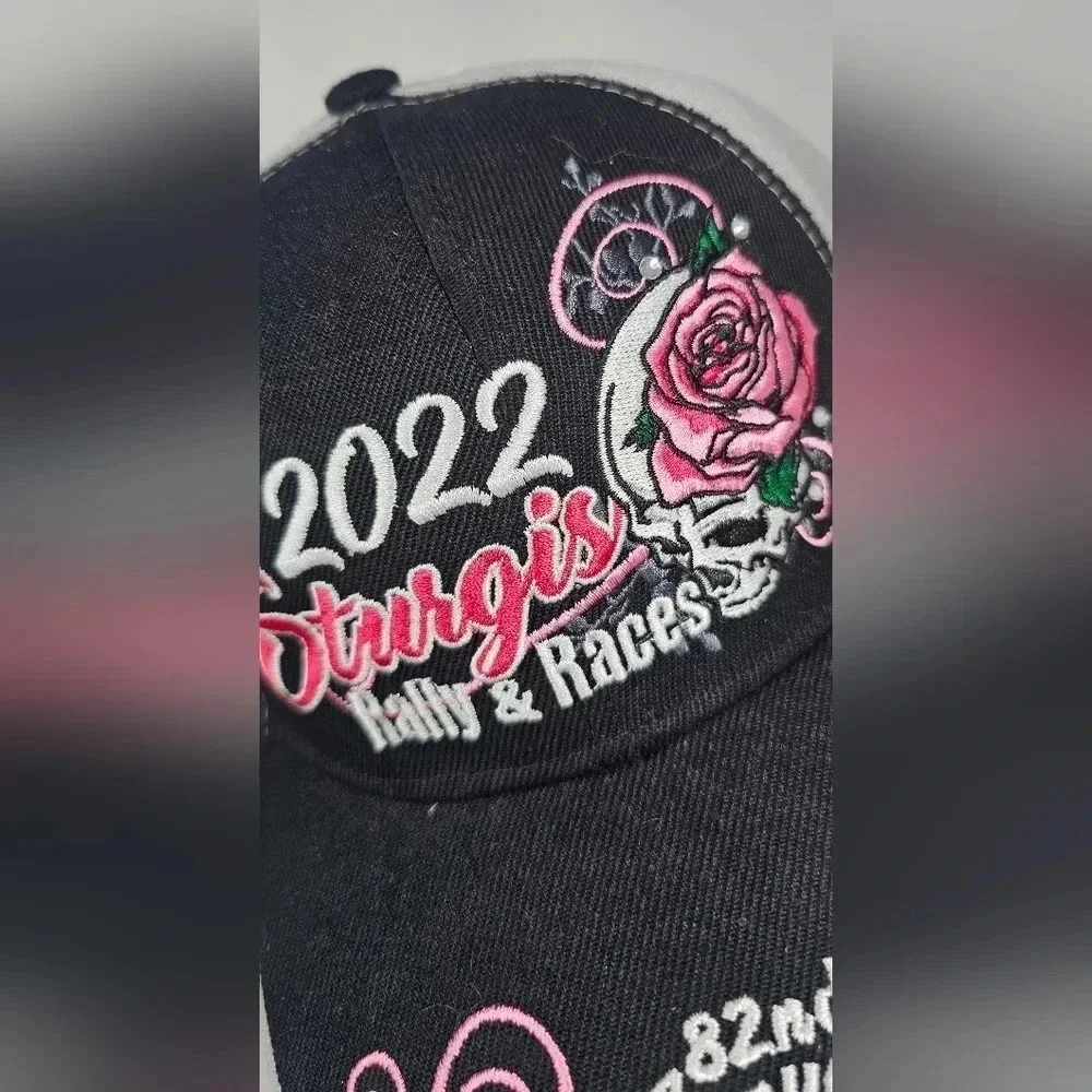 2022 Ladies Sturgis Motorcycle Rally Embroidered Rose Skull Ponytail Hat NWT